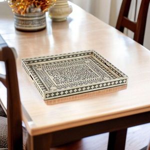 Luxury Indian Handmade Wood Inlay Serving Rectangular <b>Tray</b> Teal Blue Floral Decorative <b>with</b> Handles Home Decor Ramadan - Product Image 4