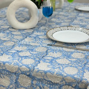 Classic Blue Floral Printed Cotton Linen <b>Tablecloth</b> Woven Washable Home Use Floral Printed Cotton Linen <b>Tablecloth</b> <b>Square</b> - Product Image 3