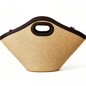 Customized Cut‑out handle <b>straw</b> tote <b>bag</b>, trapezoidal woven <b>straw</b> handbag, faux leather trim <b>straw</b> shopper - Product Image 5