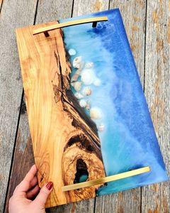 Handcrafted Ocean Wave Epoxy Resin Wooden <b>Serving</b> <b>Tray</b> with Metal Handles Luxury Design Wedding Gift <b>Gold</b> - Product Image 1