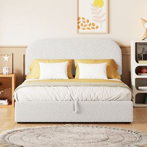 Cama de Plataforma Tapizada en Terciopelo Teddy Blanco, Tamaño Completo, con Sistema de Almacenamiento Hidráulico - Product Image 3