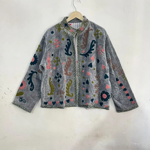 Grey Boho Suzani Embroidered <b>Velvet</b> <b>Jacket</b> <b>Women</b> Ethnic Short Coat Stand Collar Open Front Winter Autumn Wear - Product Image 1