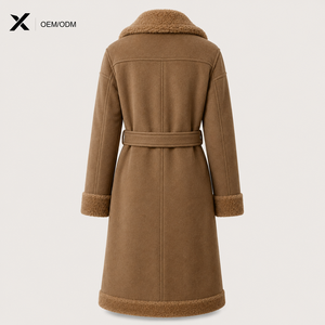 Women's Faux Shearling Woolen Mix <b>Long</b> Winter Trench <b>Coat</b> Belted Double Breasted Warm OEM ODM - Product Image 2
