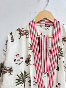 Bata Kimono de Algodón 100% Tejido con Estampado de Dibujos Animados para Mujer, Camisón de Verano Hecho a Mano, Cuello en V, Cintura Elástica, Largo Completo, ODM - Product Image 5