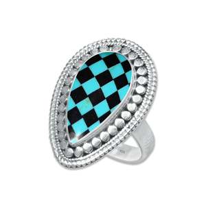 Handmade Checkerboard Turquoise Sterling <b>Silver</b> Bezel Setting Checkered <b>Adjustable</b> Statement <b>Ring</b> for Women Wedding Party - Product Image 5