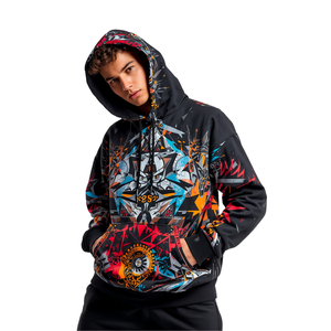 Sweat à capuche noir pour homme, sublimation, motif géométrique fusionné, coupe oversize, streetwear décontracté, vêtement de mode - Product Image 3