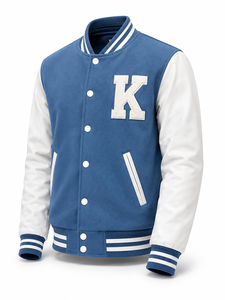 Veste universitaire unisexe en laine bleue avec manches blanches brodées de la lettre K, style streetwear, col rabattu, coupe classique, vêtement d'hiver - Product Image 1