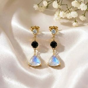 Rainbow Moonstone Trillion Cut & Black Obsidian Round Faceted Drop <b>Earrings</b> With CZ Accent Elegant Handmade Gemstone Stud <b>Dangle</b> - Product Image 2