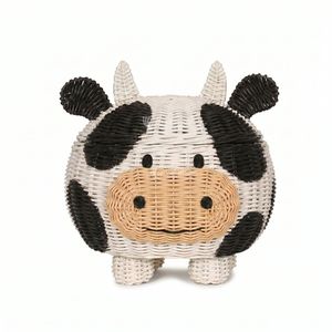 Handmade <b>Wicker</b> Cow Storage <b>Basket</b> <b>Round</b> Shape Children's Toy Organizer Living Room Decor White Black Brown Weaved Design - Product Image 1