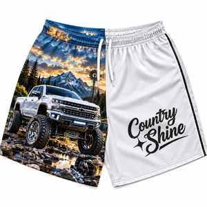 Shorts pour hommes Country Shine avec logo imprimé sur le devant, motif camion et montagne bleu, séchage rapide, cordon de serrage, décontracté, sport - Product Image 6