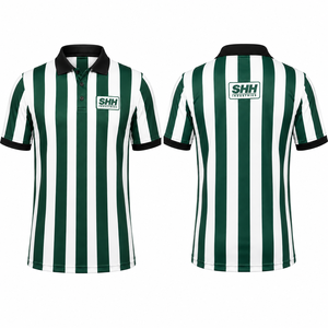 Men Green White Striped Referee Polo <b>Shirt</b> Black Collar Button Placket Short Sleeve Professional Football Officials Game Jersey - Product Image 5