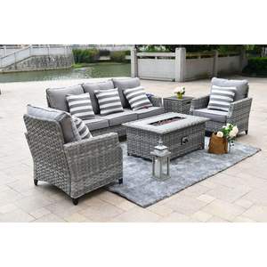 Gray Wicker Outdoor Furniture Set Garden Conversation Sofa with <b>Firepit</b> <b>Table</b> Model D0100H784H2 for Outdoor Entertaining - Product Image 3