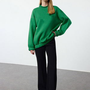 Sudadera de punto verde extragrande para mujer, 100% algodón, hombros caídos, cuello alto, manga larga, para otoño, corte regular - Product Image 1