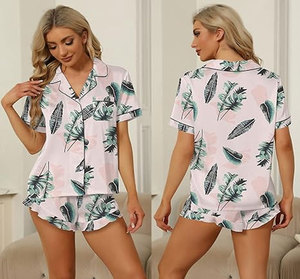 Ensemble de pyjama en satin pour femme, manches courtes, short imprimé vert, élégant, taille élastique, col rabattu, taille mi-haute, séchage rapide - Product Image 6