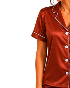 Ensemble de pyjama satiné rouge rouille personnalisé par le fabricant, vêtements de nuit en soie pour femmes, broderie rose, ensemble de vêtements de nuit doux à manches courtes - Product Image 4