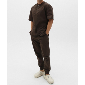 Unisex <b>Brown</b> Scrub Set Spandex/Polyester Woven Hospital Uniforms Pockets Button Neck Design High Quality Needle Detection - Product Image 4