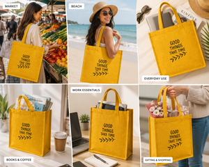 Yellow Canvas Shopping <b>Bag</b> With "Good Things Take Time" Print <b>Medium</b> Size Hand Carry Tote For Daily Use - Product Image 4