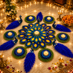 Alfombra Rangoli de Lana Hecha a Mano de Alta Calidad, Juego de Diya con Plumas de Pavo Real, Decoración para el Festival Diwali Pooja, Decoración del Hogar - Product Image 5