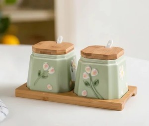 Juego de Recipientes de Cerámica de Lujo con Tapa de Madera y Cuchara, Organizador de Cocina con Diseño Floral, Recipiente Duradero y Seguro para Alimentos - Product Image 1