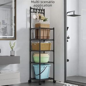 Estante de almacenamiento metálico de cuatro niveles con ruedas para organización de cocina, diseño minimalista, carrito utilitario de tipo vertical. - Product Image 3