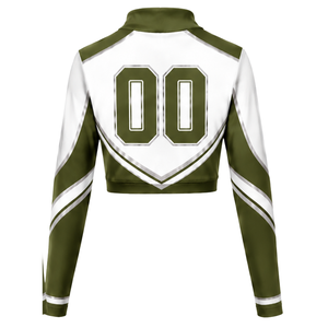 Maillot de cheerleading sublimé vert olive et blanc à manches longues – Tenue de sport athlétique pour l'entraînement, la pratique et la compétition - Product Image 2
