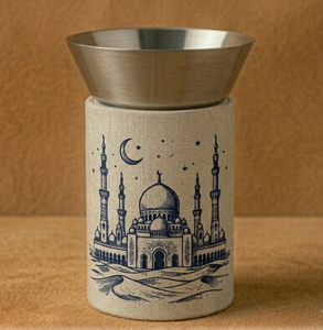 Brûleur d'encens cylindrique avec couvercle en lin, design mosquée bleue, bol en acier inoxydable, fait main, usage religieux - Product Image 1