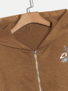 เสื้อฮู้ดดี้สีน้ำตาลประดับดาวคริสตัลขนาดใหญ่ ผ้าฝ้ายฟลีซ ซิปเต็มตัว สไตล์สตรีทแฟชั่น ออกแบบเสื้อผ้าตามสั่ง - Product Image 3