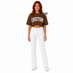 Camiseta Corta para Mujer, Color Marrón, con Bordado de Letras Personalizado, Cuello Redondo, Manga Corta, Corte Holgado, Informal, Primavera Verano, 100% Algodón - Product Image 4