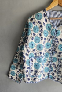 <b>Quilted</b> <b>Jacket</b> Women Floral Embroidery Cotton V Neck Three Quarter Sleeve Spring Style White Blue <b>Pattern</b> gift for her - Product Image 4