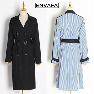 Gabardina Larga de Mujer con Doble Abotonadura, Ecológica, Novedad de Primavera, Estilo Casual con Solapa y Lazo, Rayas y Costuras, Corte Holgado - Product Image 1