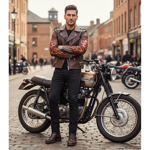 Mens Gothic Flame Skull Biker Jacket - Motorcycle <b>Fire</b> Graphic Heavy Metal Punk Rock Genuine Leather Jacket - Product Image 3