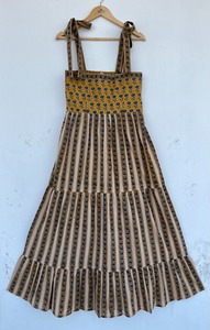 Women Mustard Blue Floral Stripe Cotton V-neck A-Line Eco-Friendly Maxi Dress Tie Shoulder Tiered <b>Summer</b> Wholesale - Product Image 4