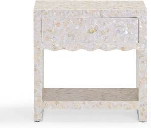 Elegant white shell mosaic <b>bedside</b> table with an open <b>shelf</b> design acting as a stylish Capiz nightstand for modern hotel rooms - Product Image 2
