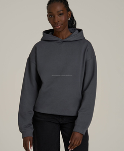 Women's Oversize <b>Drop</b> Shoulder 100% Cotton Fleece Embroidered Lined Long Front Crew Neck Drawstring Pullover Hooded Winter High - Product Image 1