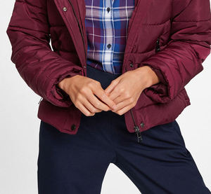 Women's Burgundy Hooded Puffer Jacket With <b>Fur</b> <b>Trim</b> Windproof Winter Casual Outerwear Solid Color Polyester Shell Zipper Closure - Product Image 5