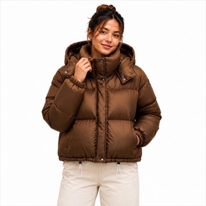 Women's Hooded Down Puffer <b>Coat</b> <b>Stand</b> Collar Button Closure Winter Warm Casual Short Length Full Sleeve Solid Color - Product Image 1