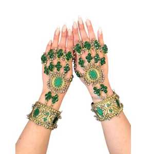 Ensemble de bijoux pour femmes en cristal vert plaqué or vintage, bracelet floral et bagues pour les doigts, bijoux de mode pour mariage - Product Image 1