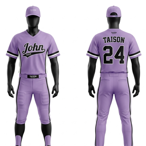 Ensemble d'uniformes de softball en polyester et élasthanne 280 GSM, violet avec empiècements latéraux noirs, logo personnalisé en twill sublimé - Product Image 1