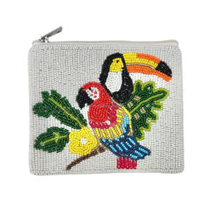 Tropical Parrot <b>Beaded</b> Coin Purse Toucan Leaf Design Handmade Colorful Zipper Clutch Bag Portable Creative Unisex Women Girls - Product Image 1