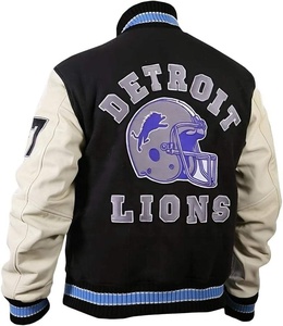 Blouson universitaire noir et crème pour homme avec patch casque de lion imprimé par transfert thermique, col rabattable, simple boutonnage, pour l'automne - Product Image 2