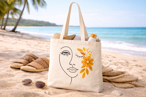 AMANI Premium 250gsm Cotton <b>Canvas</b> <b>Tote</b> Bag Minimalist Face Floral Print Long Handle Eco Friendly Washable Reusable Shopping Bag - Product Image 3