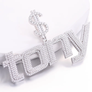 Silver Plated Micro Pave Crystal TONY <b>Letter</b> Pendant Unisex Hiphop <b>Charm</b> Fashion Jewelry - Product Image 1