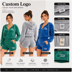 Ensemble de survêtement en velours pour femme, sweat à capuche et short, manches longues, fermeture éclair sur le devant, 2 pièces, décontracté, couleur unie, toutes saisons - Product Image 2