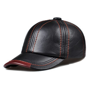 <b>Black</b> Pu Leather <b>Baseball</b> <b>Cap</b> 6-Panel Adjustable Unisex Casual Hat With Red Stitching And Contrast Color Detail - Product Image 3
