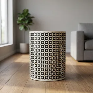 Handcrafted Bone Inlay Drum <b>Side</b> <b>Table</b> <b>Round</b> Accent End <b>Table</b> Decorative Modern Living Room Bedroom Furniture ContemporaryDesign - Product Image 2