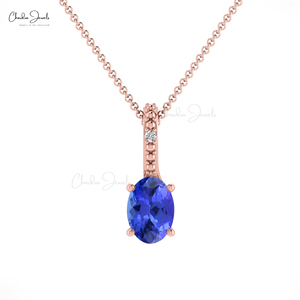 Colgante de Tanzanita Natural de Corte Ovalado de 6x4mm con Engaste Oculto y Collar de Oro Sólido de 14k con Pavé de Diamantes, de Proveedor Mayorista de Joyería - Product Image 3