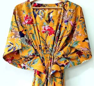 Vestido Kaftan Indio 100% Algodón, Estampado Floral, Cuello en V, Corte en A, Largo hasta la Rodilla, Ligero, Ropa de Playa con Encaje - Product Image 1