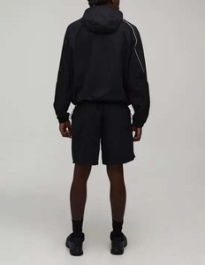 Men's Black Hooded <b>Track</b> <b>Jacket</b> With White Trim Sporty Style Breathable Polyester Summer Outerwear Set - Product Image 3