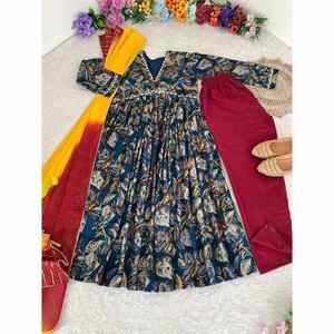 DISEÑADOR VISCOSA CHANDERI MILL IMPRESO TRABAJO A MANO ALIA CORTE VESTIDO INFERIOR CON DUPATTA AZUL - Product Image 1