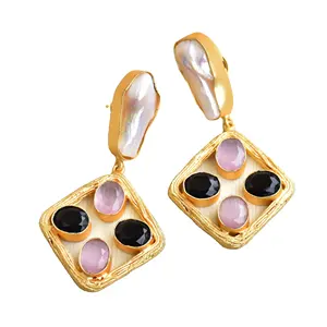 Statement Geometric Earring Drop Pearl Gold Plated Jewelry Wholesale Baroque Pearl Earrings with Crystals Handcrafted Jewellery